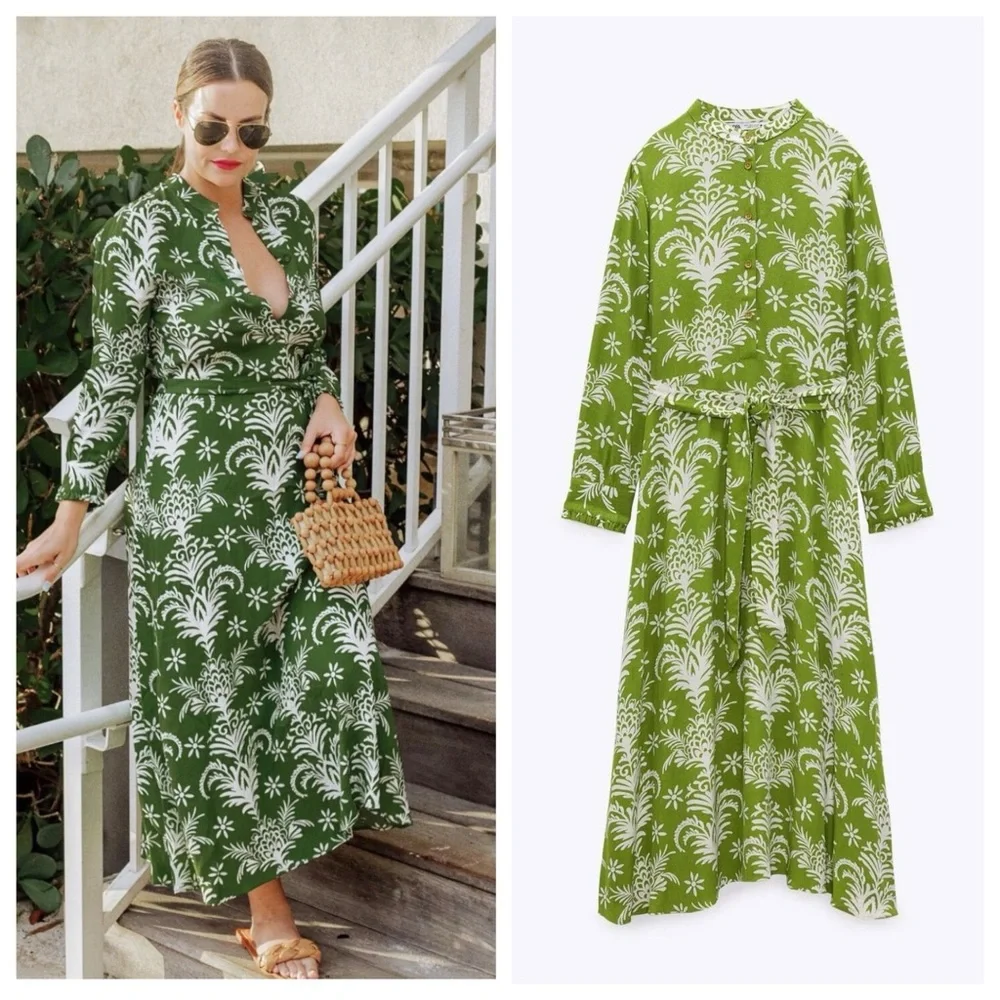 🚫SOLD🚫ZARA WOMAN MIDI BELTED PRINTED DRESS FLOWY GREEN | 5216/046 | SIZE: MED - Picture 5 of 7